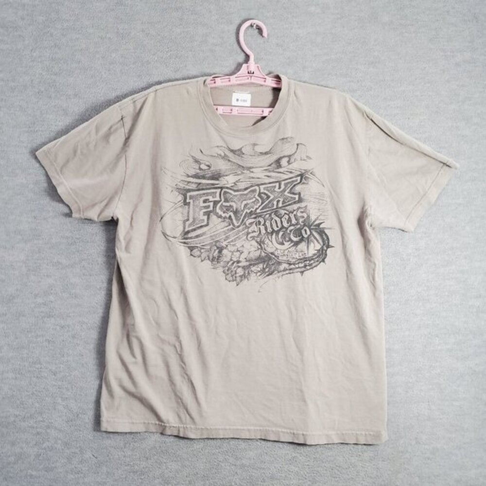 VINTAGE Fox Racing Men Shirt 2XL Beige Y2K Grunge Short Sleeve Tee READ